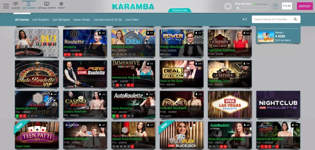 An image of live casino at Karamba.